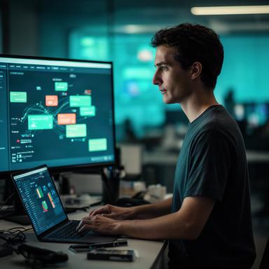 Joan, desarrollador conversacional, programando un asistente multilingüe frente a una pantalla luminosa