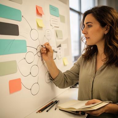 Laura, diseñadora de experiencia conversacional, dibujando el flujo de diálogo de un asistente