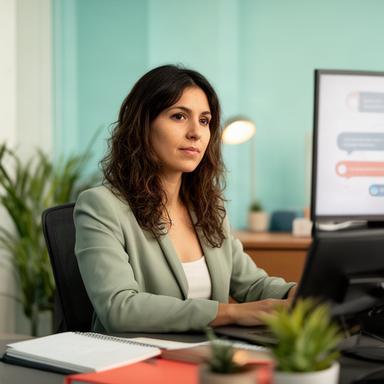 María, ingeniera en inteligencia artificial, revisando un panel de conversaciones en una oficina de Vinaròs