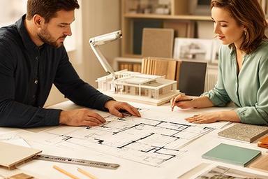 Estudio de arquitectura con planos extendidos y cliente revisando el avance de un proyecto de vivienda