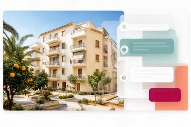 Edificio residencial mediterráneo en Valencia junto a una pantalla de gestión de consultas inmobiliarias