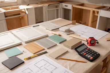 Cocina en reforma con muestras de materiales, planos y presupuesto sobre una mesa de obra