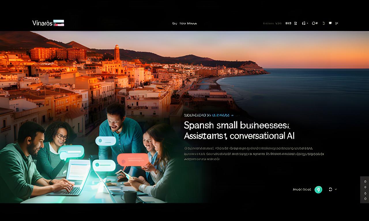 Skyline de Vinaròs al atardecer con un equipo tecnológico trabajando en asistentes de inteligencia artificial