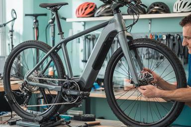 Taller de bicicletas de una tienda física con una bicicleta eléctrica preparada para revisión
